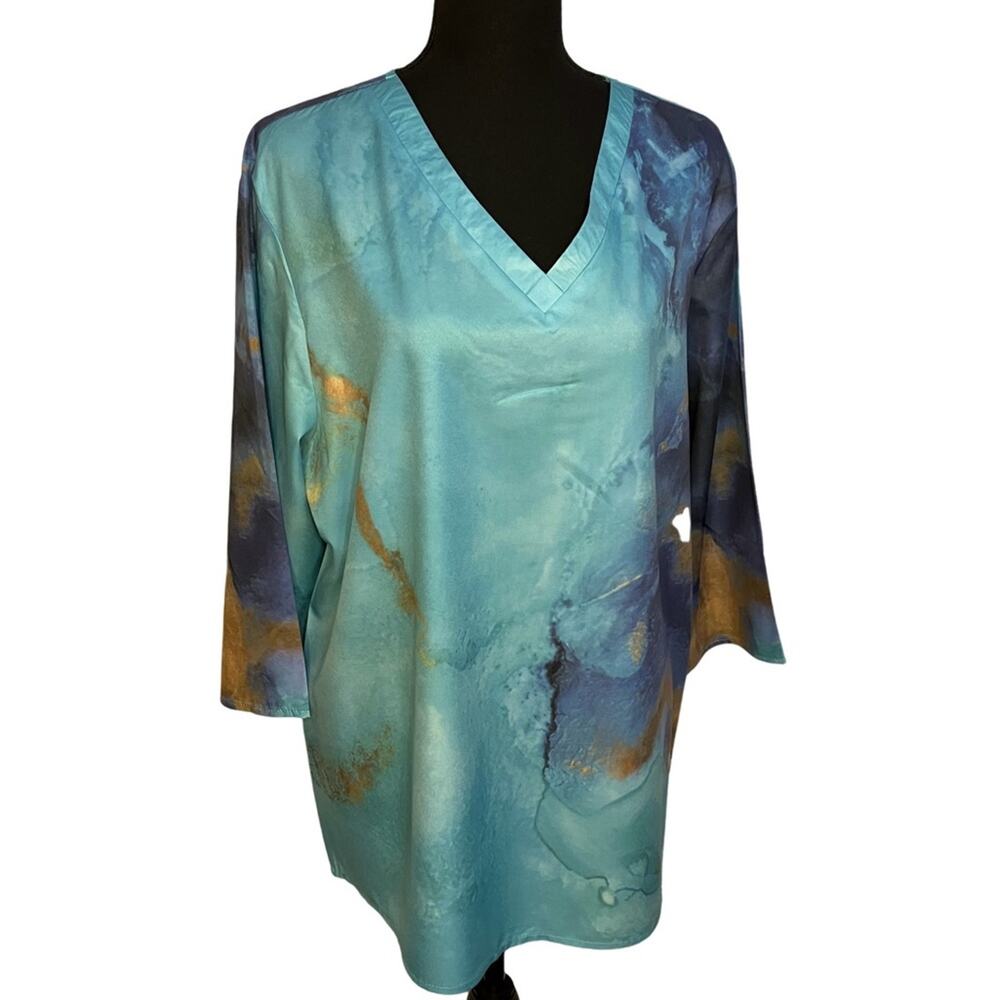 NWT C.O.Z.Y 3/4 length sleeve Soft V neck tropical look top l XL l - Picture 10 of 11